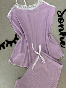 BabyDoll Women's Ribbed Lace Shorts And Blouse Comfortable Suede Summer Pajamas - 紫色 - 查看 1