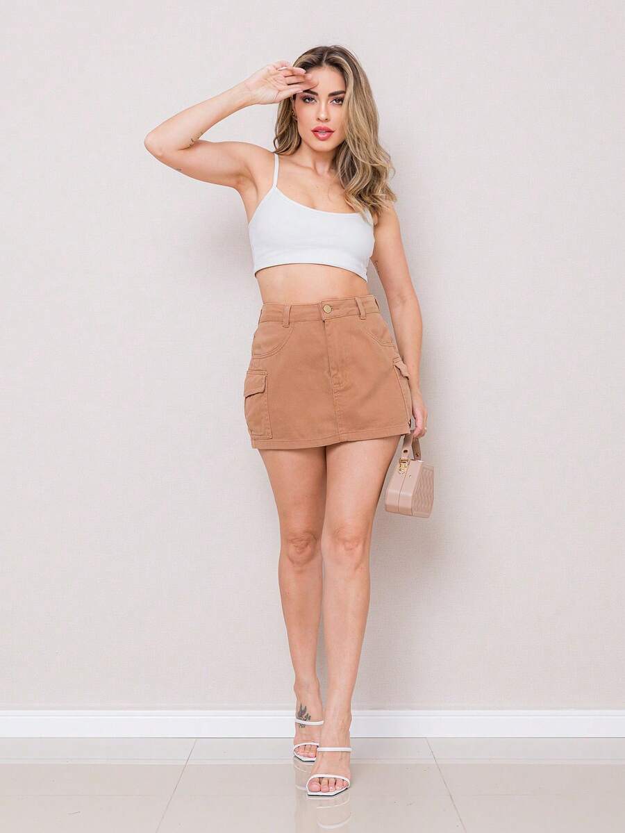 MINI Cargo Jeans Skirt Side Pockets COLORFUL WOMEN'S FASHION - 卡其色 - 查看 1