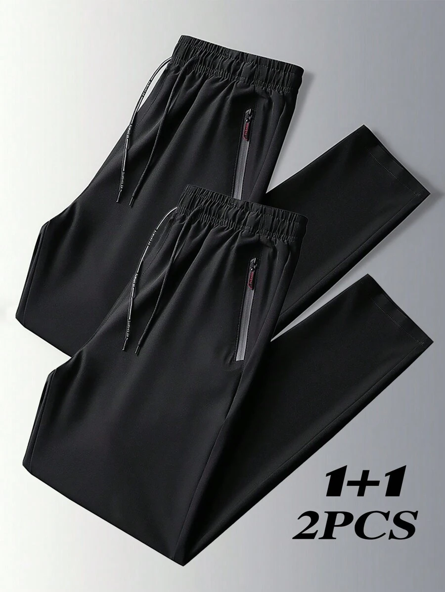 Set de 2 pantalones casuales para hombre, de pierna recta, ligeros, transpirables y de secado rápido para deportes y uso al aire libre, color negro, para primavera y verano - Negro - Ver 1
