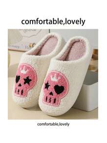 Dép vải mới cho nam và nữ trong lễ Halloween, họa tiết bộ xương chó ma và thiết kế bí ngô, dép đi trong nhà ấm áp bằng vải nhung, cỡ lớn - Hồng - Xem 1