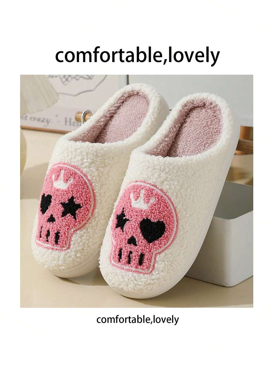 Dép vải mới cho nam và nữ trong lễ Halloween, họa tiết bộ xương chó ma và thiết kế bí ngô, dép đi trong nhà ấm áp bằng vải nhung, cỡ lớn - Hồng - Xem 1