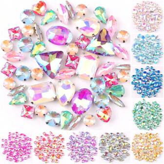 50Pcs/Pack, Jelly Candy AB Colors Mixed Shape Hand Sewn Rhinestone Glass Sewing On Decorative Beads Flat Back Silver Metal Base With Holes Gem Shiny Bling Crystal DIY Accessories Needle And Thread Materials Sew On Stones Strass Beads Used For Decorating Clothes, Dress, Bags, Shoes, Brooches , Earrings, Handicrafts