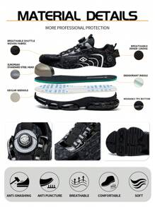 Ding gu Safety Shoes Puncture Proof Lace-Up Work Shoes, Industrial And Construction Site Convenient Rotating Buckle Lightweight Soft Sole Work Shoes Anti Smashing Steel Toe Safety Shoes Puncture Proof Work Shoes - 黑灰色(防砸防刺穿) - 查看 3