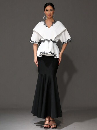 Modphy 2pcs/Set 2024 New Appliqued White Tee & High Waisted Mermaid Hem Skirt Dress Suit