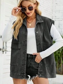 Women's Loose Casual Denim Vest, Sleeveless With Dual Pockets - Dark Grey - View 2