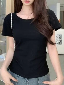 女士纯色圆领短袖休闲T恤，夏季黑色 - 黑色 - 查看 2