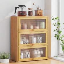 3 Tiers Bamboo Storage Cabinet For Kitchen Countertop, Freestanding Pantry Cabinet With Clear Acrylic Flip-Up Door Organizer Shelf For Spice Seasoning Bowl Cup Bottle