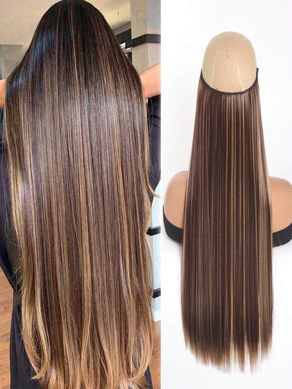 Synthetic Halo Hair Extensions No Clip 24 Inch Black Straight Hair Extensions One Piece False Hairpiece Fish Line Wig Piece For Women