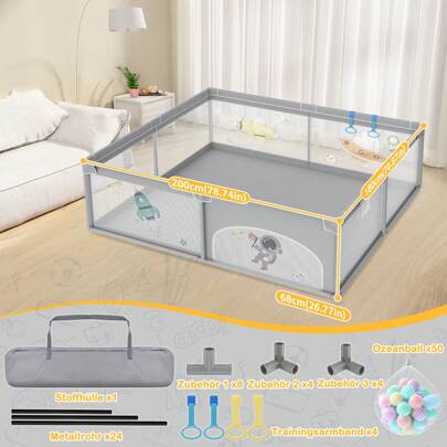VA-Cerulean Cercadinho para bebês Cercadinho infantil dobrável 127x127x68cm / 150x180x68cm / 180x200x68cm Cercadinho para bebês com bolas do oceano, pulseira de treinamento, rede respirável e bolsa - Spaceman cinza