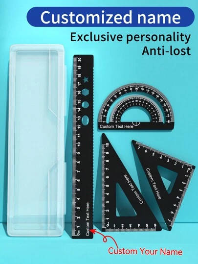 4pcs Customized Aluminum Alloy Triangle Ruler, Wave Line Ruler, Protractor, 15cm/20cm Metal Ruler Set, Personalized Name Engraved, Student School Measurement Tools Gift - Perfect For Drawing, Painting, School And Home Use - Great Back To School Gift, Back To School Season, School Supplies, Back To School,School Supplies,Back To School,School Gift,For Office,For School,For Classroom,For Teacher Gifts,For University,For Colleague,For Dorm Rooms,For Teacher,For Boys And Girls,For Teenagers,Junior High School Students,Middle School Students,High School Senior High School Students,College Students,University Students,Freshman,Sophomore,Underclassmen,Multi-Functional,Ornamental,Reusable,Modern,Colorful,Cute,Vintage,Cartoon,Kawaii,Custom,Personalized,Unique,Customized,Workers,Clients,Students,For Business/Work/Office,For School