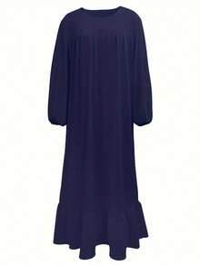 Women's Solid Color Fashionable Petal Sleeve Ruffle Hem Dress Spring - Navy Blue - View 3
