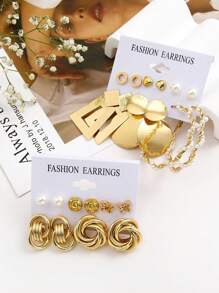 22pcs Metallic Wrapping & Faux Pearl Decor Bohemian Earrings, Gold Jewelry For Women, Summer Earrings (The Embossed Effect On The Surface Is Normal, Card Is Randomly Shipped) - Yellow Gold - View 3