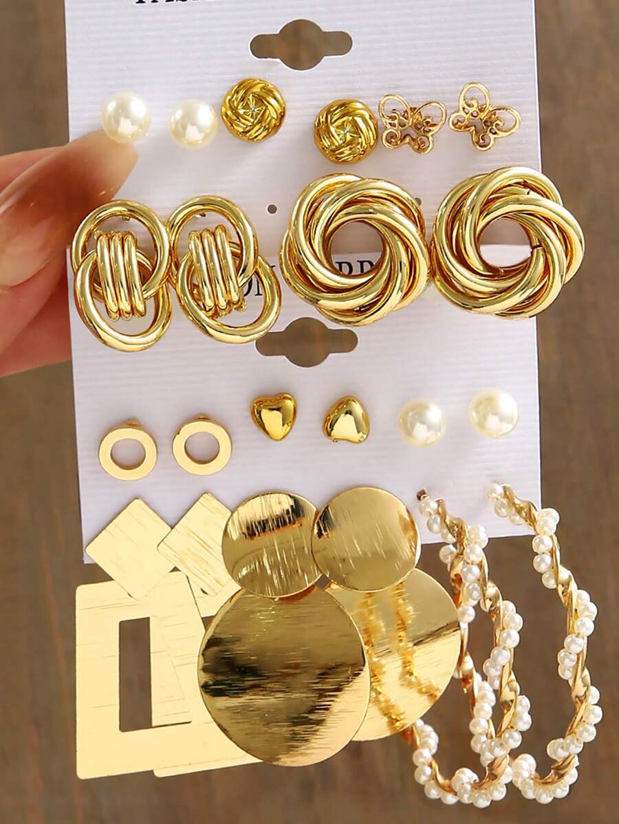 22pcs Metallic Wrapping & Faux Pearl Decor Bohemian Earrings, Gold Jewelry For Women, Summer Earrings (The Embossed Effect On The Surface Is Normal, Card Is Randomly Shipped) - Yellow Gold - View 1
