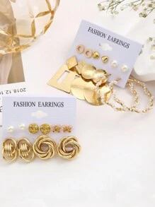 22pcs Metallic Wrapping & Faux Pearl Decor Bohemian Earrings, Gold Jewelry For Women, Summer Earrings (The Embossed Effect On The Surface Is Normal, Card Is Randomly Shipped) - Yellow Gold - View 2
