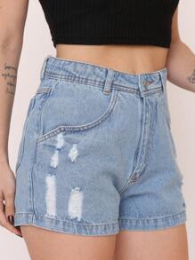 Denim Shorts. Irregular Pockets. Women's Pengmoda - Rửa trung bình - Xem 2