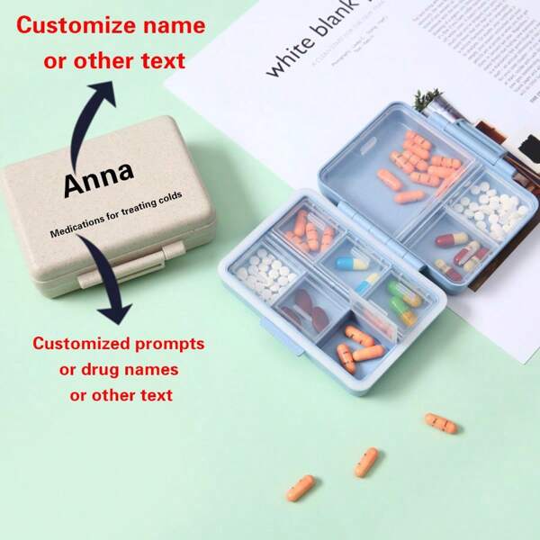1 pieza Caja organizadora de pastillas portátil personalizada de 9 rejillas, contenedor de almacenamiento de medicina con nombre y recordatorio para personas mayores