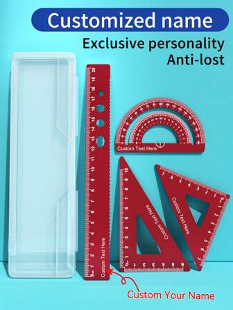 4 Stück individuelle gravierte Aluminium-Legierung Dreieckslineal, Wellenlineal, Winkelmesser, 15cm/20cm Metalllineal Set, personalisierte Namensgravur, Messgeräte ideal zum Zeichnen, Malen, Schule, Zuhause - tolle Geschenkidee Schulanfang