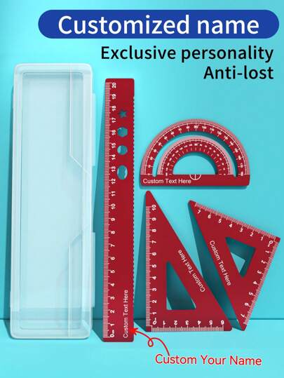 4pcs Custom Engraved Aluminum Alloy Triangle Ruler, Wave Ruler, Protractor, 15cm/20cm Metal Ruler Set, Personalized Name Engraving, Measurement Tools Ideal For Drawing, Painting, School, Home - Great Back To School Gift