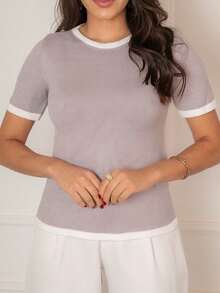 Modal Line Knit Blouse Short Sleeve Good Summer Fabric - Xám - Xem 2
