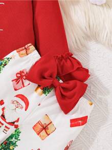 秋冬新款宝宝圣诞卡通印花长袖连体衣申单主题全印花喇叭裤+头饰三件套 - 紅色 - 查看 8
