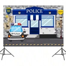 1pc Blue Police Station Themed 1st Birthday Photography Backdrop Cloth,Christmas