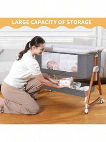 3-In-1 Baby Crib, Baby Bed,Baby Bassinet,Baby Bassinet & Bedside Sleeper ,Baby Crib, Washable, 6 Height Adjustable, Rocking Mode, Storage Basket, Wheels, Easy Assemble & FoldingEssential For New Mothers And Not Tiltable.Newborn Gift - Xám - Xem 2