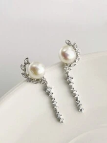 GAGAFEEL 1 对精致轻奢甜美 S925 纯银锆石珍珠叶流苏耳环，适合女士，适合宴会佩戴、正式场合佩戴 - 銀色 - 查看 4