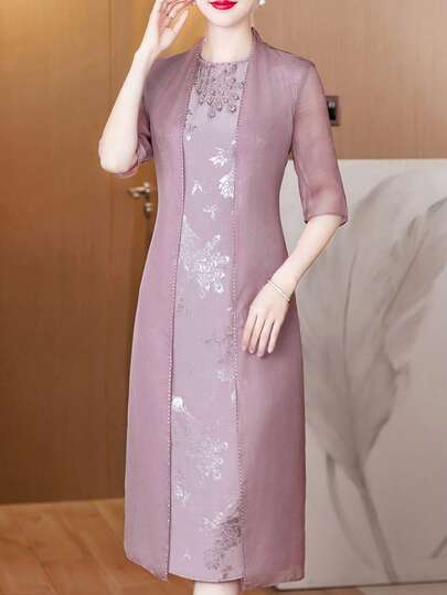 2026 Spring/Summer Mother's Dress, Flowy Round Neck Casual Dress With 3/4 Sleeve, Semi-Sheer Sleeve, Back Zipper, Suitable For Wedding, Guest, Casual, Party, Formal, Engagement, Ceremony, Evening Gown, Social, Birthday, Graduation