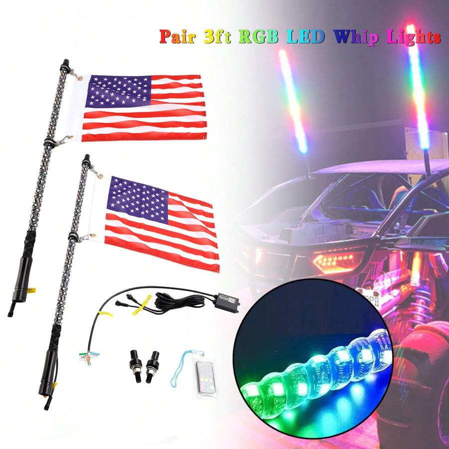 2X 3ft RGB LED Whip Lights Antenna W/ Flag Remote Control For Polaris RZR UTV ATV - 1 Piece - View 1