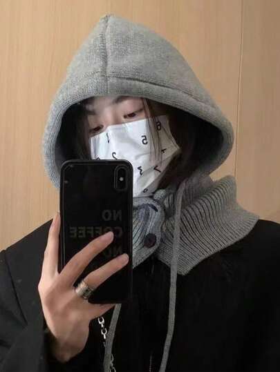 1 件纯色针织耳罩帽围巾套装，秋冬季保暖户外服装，时尚百搭，万圣节理想礼物