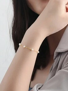 1pc Simple Elegant Sweet Faux Pearl Bracelet For Women, Party/Date Gift - Silver - View 4