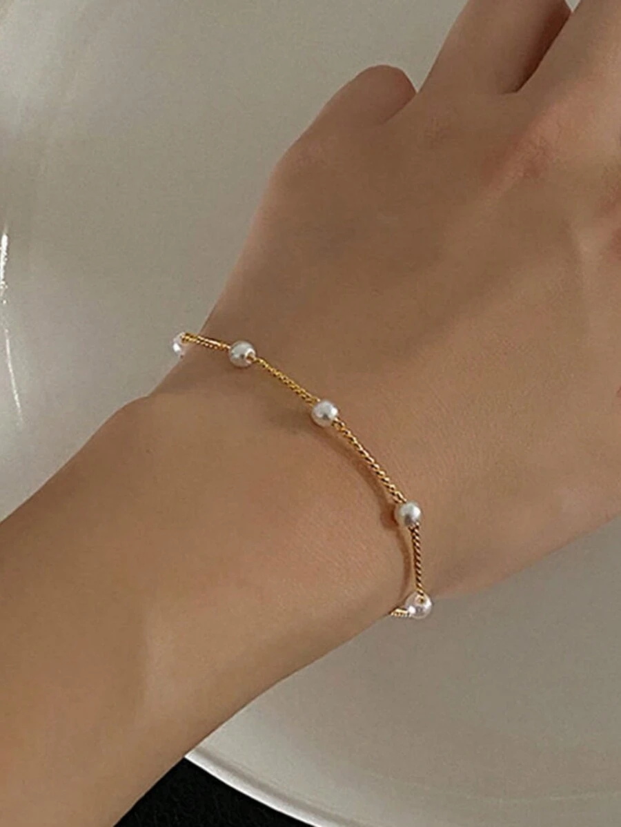 1pc Simple Elegant Sweet Faux Pearl Bracelet For Women, Party/Date Gift - Silver - View 1