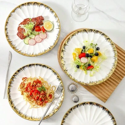 4pcs Ceramic Plates, 10/8 Inch Salad Plate, Homemade Golden Rim Pasta Plate, Dessert Appetizer Plate, Ceramic Dining Plate Kitchenware Set,Kitchen,Christmas Gift