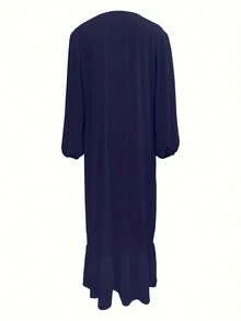Women's Solid Color Fashionable Petal Sleeve Ruffle Hem Dress Spring - Navy Blue - View 6