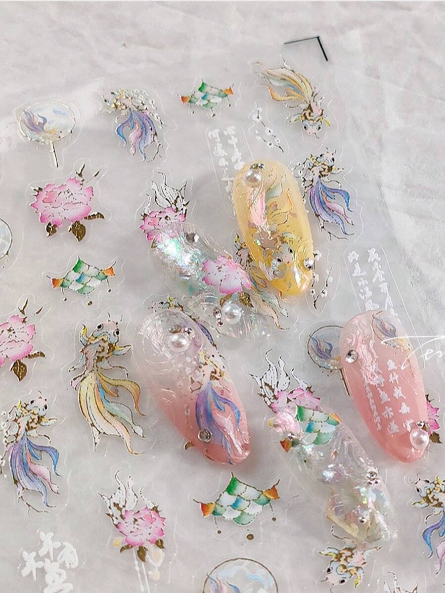 1张中国风锦鲤美甲贴纸，美甲师必备，3D立体浮雕工艺，吉祥锦鲤与花卉装饰图案设计，自粘式美甲贴纸，可重复使用，女士礼物，美甲用品，优雅配饰礼品 - 藕粉色 - 查看 1