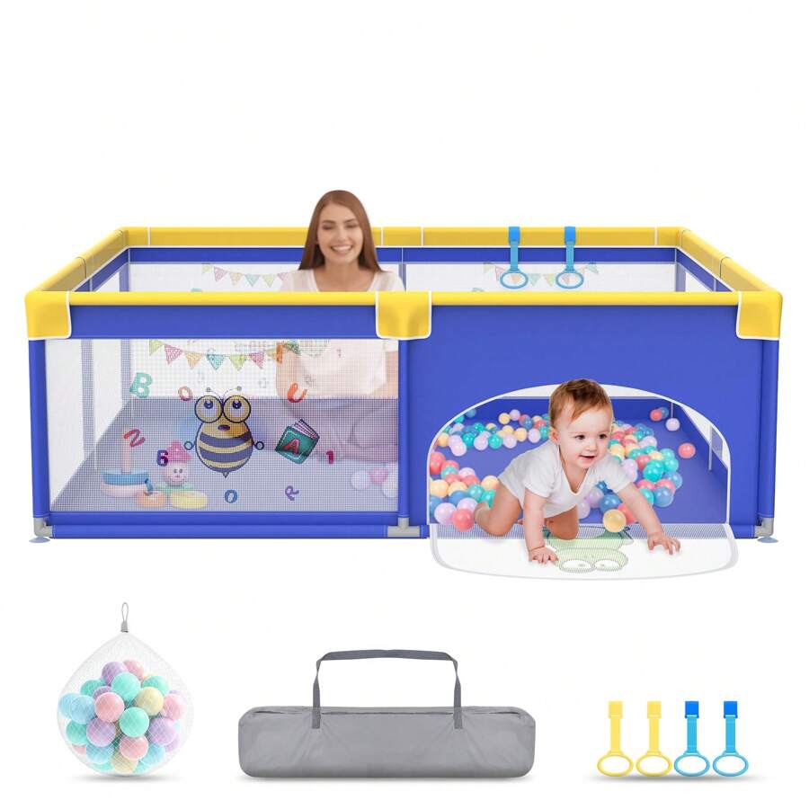 LILIIN Baby Playpen Playpen, Children's Playpen With Door Animal Pattern Oxford Playground Guard With Blue Carrying Bag Balls And 4 Pull Rings 127x127x68cm / 150x180x68cm / 180x200x68cm - 藍色動物圖案-180x200x68cm - 查看 1