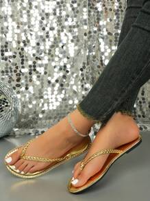 女士编织 V 型带平底人字拖，休闲夏季沙滩凉鞋