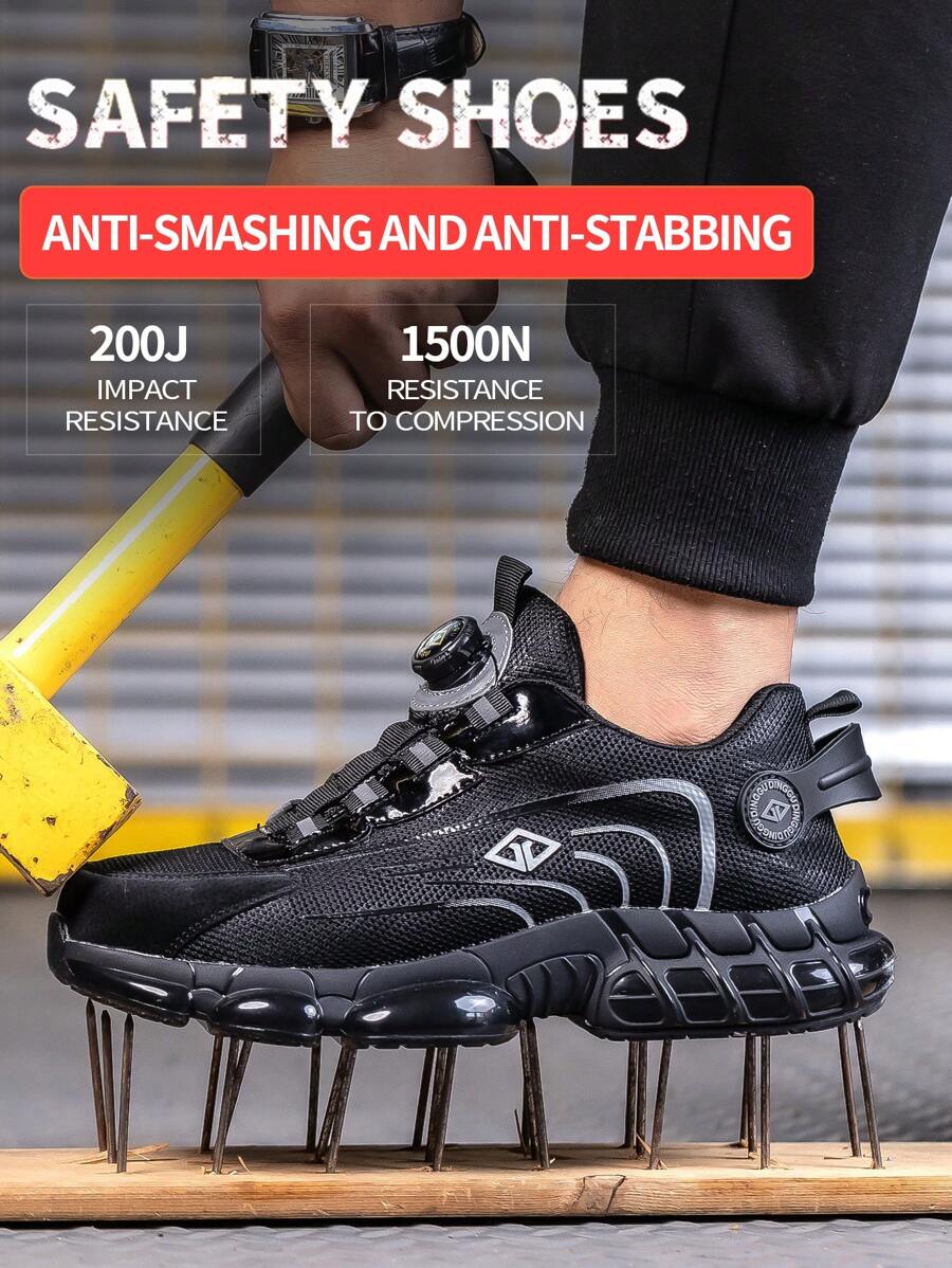 Ding gu Safety Shoes Puncture Proof Lace-Up Work Shoes, Industrial And Construction Site Convenient Rotating Buckle Lightweight Soft Sole Work Shoes Anti Smashing Steel Toe Safety Shoes Puncture Proof Work Shoes - 黑色(防砸防刺穿) - 查看 1