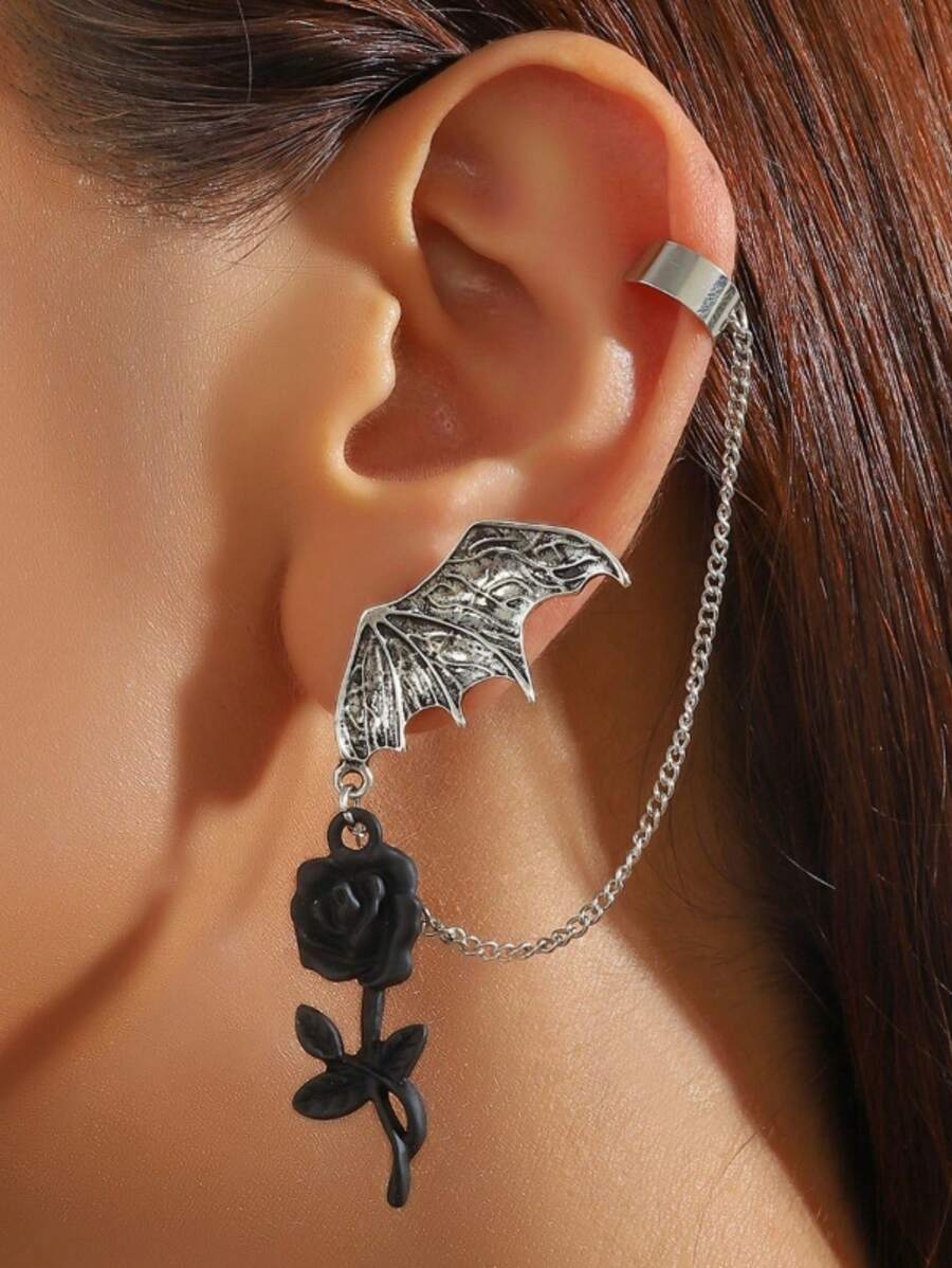 1 chiếc khuyên tai hình dơi và hoa hồng Gothic tối màu trang sức Halloween - Nhiều màu - Xem 1
