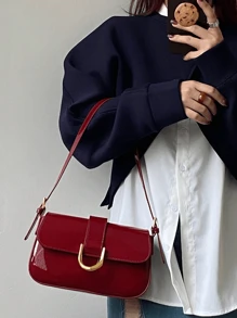1 pezzo Borsa a bauletto in pelle poliuretanica laccata per donna, borsa baguette bordeaux, borsa stile Y2K, borsa quadrata mini laccata, borsa mini semplice, borsa a spalla/sotto braccio, borsa mini retrò, borsa versatile da lavoro, borsa quadrata mini da studente, borsa ispirata al retrò per donna, borsa bordeaux alla moda - Bordò - Visualizzare 7