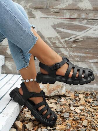 New Summer Roman Sandals, Breathable Outdoor Sport Anti-Slip Woven Platform Closed Toe Beach Slippers With Thick Soles