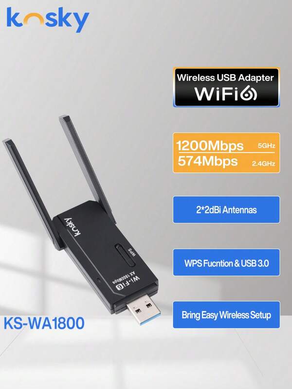 KOSKY KOSKY 1800 Mbps USB WiFi 6 Adapter For PC Wireless Network Adapter For Desktop With 2.4GHz&5.8GHz,Daul-Band Wifi Adapter, 802.11ax, USB 3.0 Supports Win11/10/8.1/8/7/XP