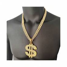 14mm Bling Bling Rhinestone Encrusted Chain Necklace With Dollar Sign Pendant For Men, Alloy Gold-Plated