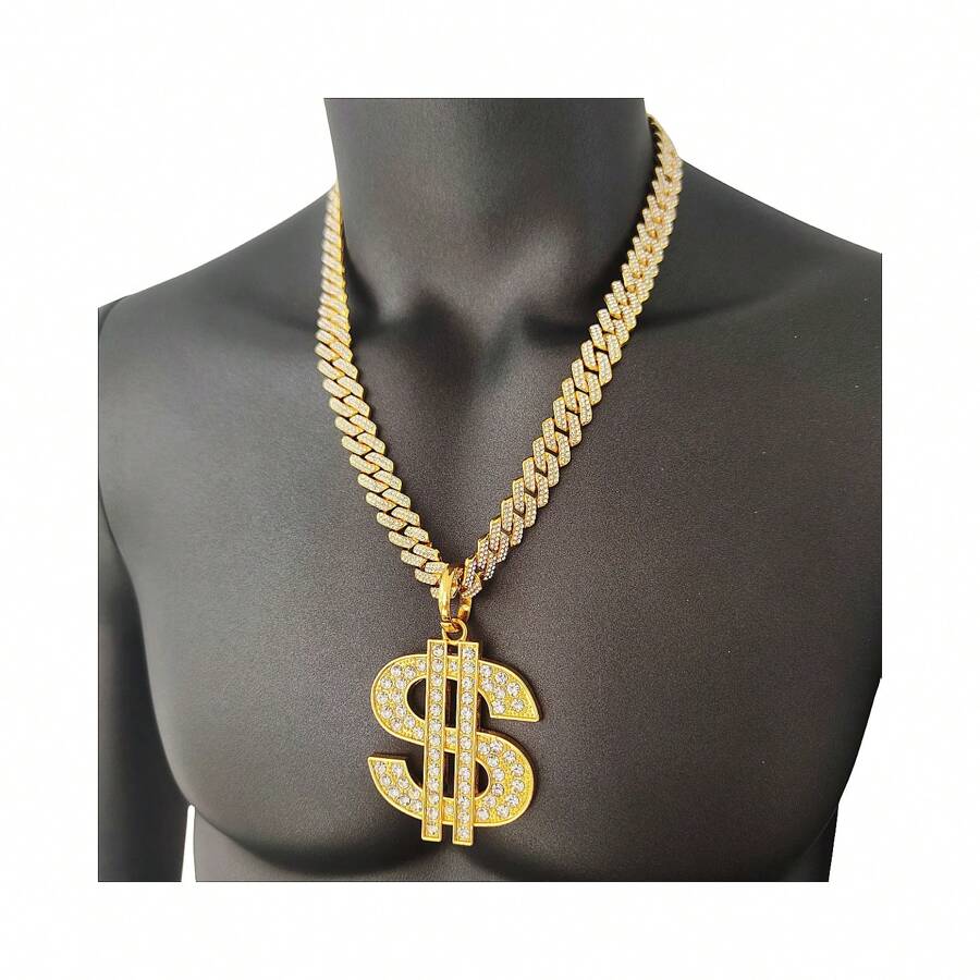 14mm Bling Bling Rhinestone Encrusted Chain Necklace With Dollar Sign Pendant For Men, Alloy Gold-Plated