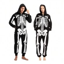 SYNCFUN Unisex Skeleton Jumpsuit Pajama Plush Skeleton Jumpsuit Zippered Halloween Hoody Pajama For Adult Sleepwear Costume