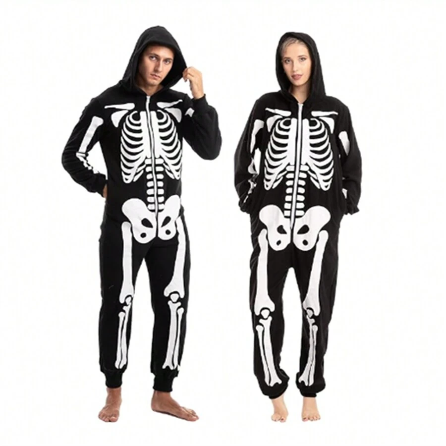 SYNCFUN Unisex Skeleton Jumpsuit Pajama Plush Skeleton Jumpsuit Zippered Halloween Hoody Pajama For Adult Sleepwear Costume