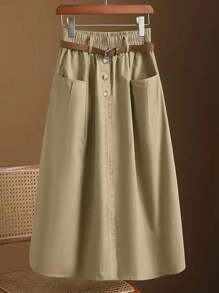 Versatile Solid Color High Waist Elastic Waistband Midi A-Line Skirt - Khaki - View 1