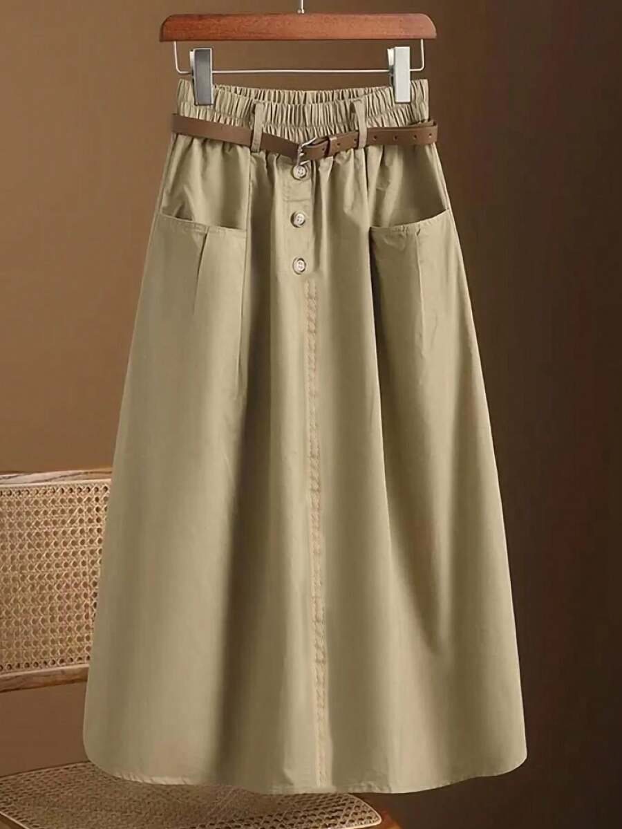 Versatile Solid Color High Waist Elastic Waistband Midi A-Line Skirt - Khaki - View 1