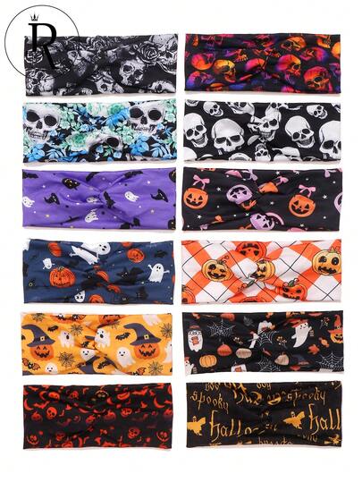 1pc Non-Constrictive Halloween Skull & Pumpkin Print Stretch Sports Headband Yoga Sweatband Fashion Hair Band Hair Accessories Polyester Sports Headband, Casual Party Decor Fall Winter For Vacation Outfits Woman