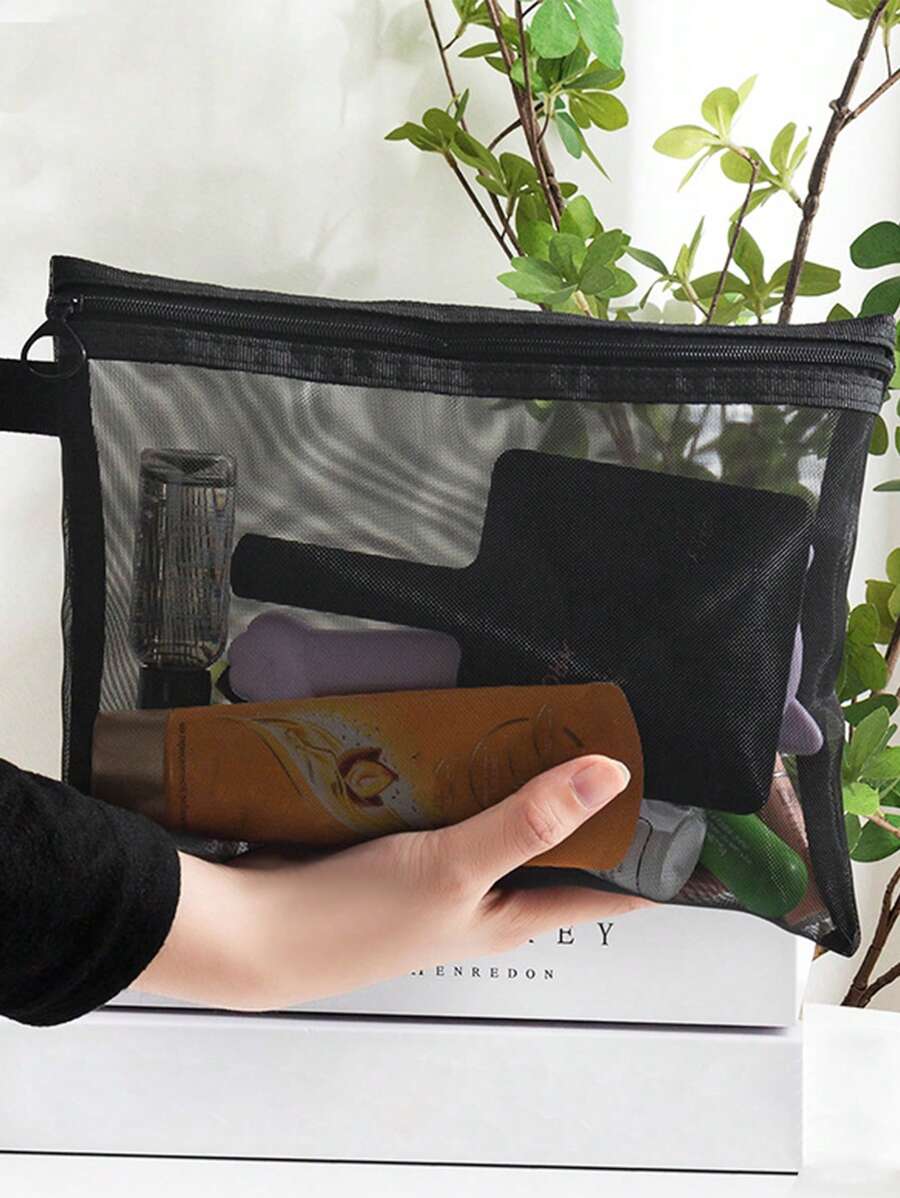 1pc Large Capacity Mesh Cosmetic Bag, Portable Breathable Toiletry Bag, Travel Makeup Bag, Cosmetic Organizer Bag, Daily Necessities Organizer, Makeup Bag, Skincare Bag, Toiletry Bag, Travel Essential, Cruise Essential, Dorm Essential, Bridesmaid Gift, Mother's Gift, Birthday Gift, Gift For Friends And Teachers, Home Decor - Black - View 1